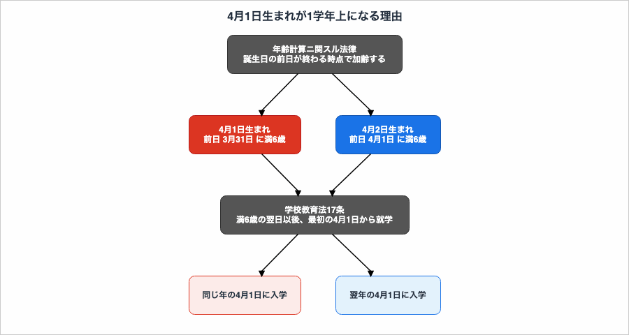 年齢計算ニ関スル法律と学校教育法17条が重なることで、4月1日生まれと4月2日生まれの入学年が1年ずれる仕組みを示した図